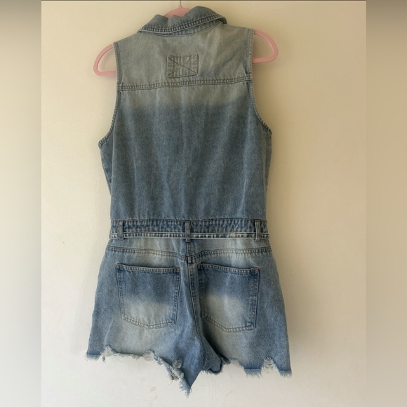 Vince Light Blue Denim Sleeveless Romper with Tie Waist - Picture 5 of 16